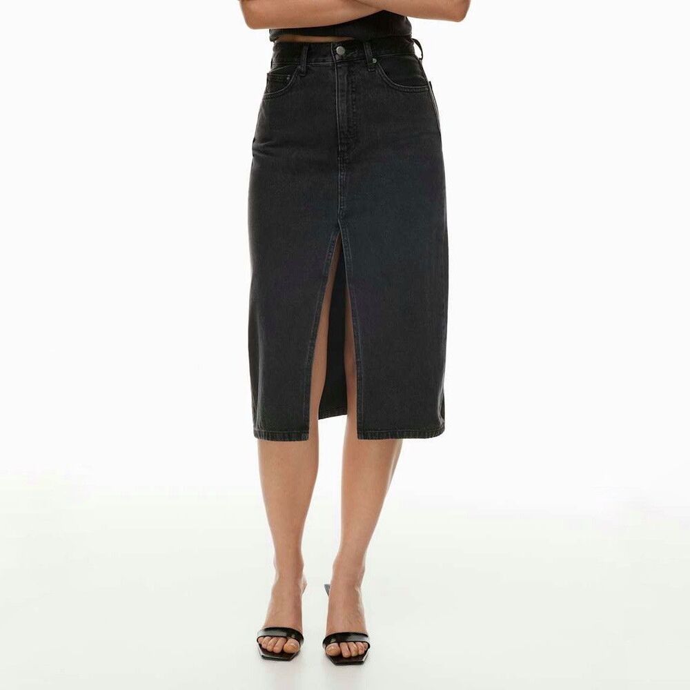 Aritzia Black Denim Forum 90’s Halle Midi Skirt Front Slit Size 23